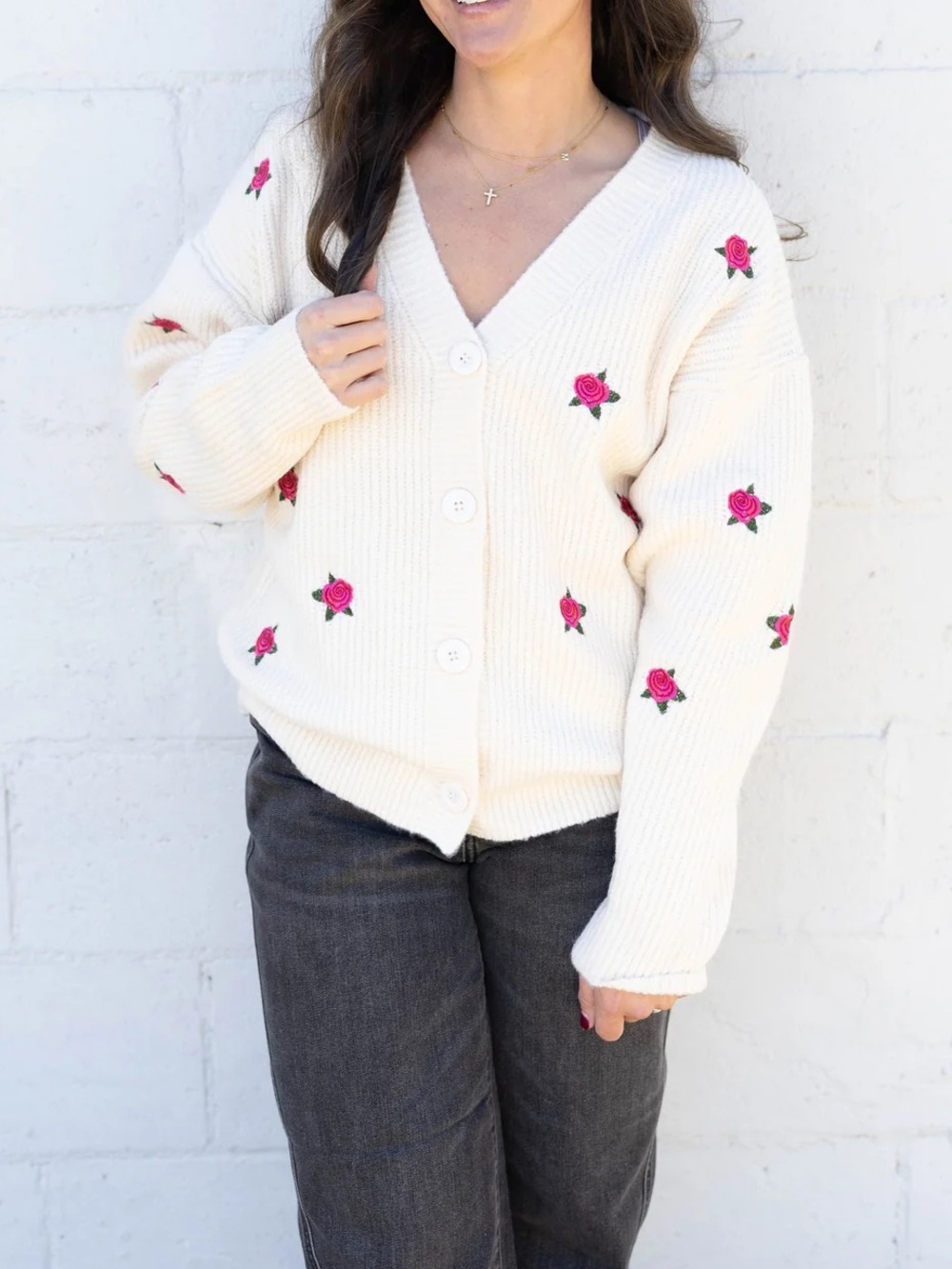 entro Rose Embroidered Cream Knit Cardigan Large